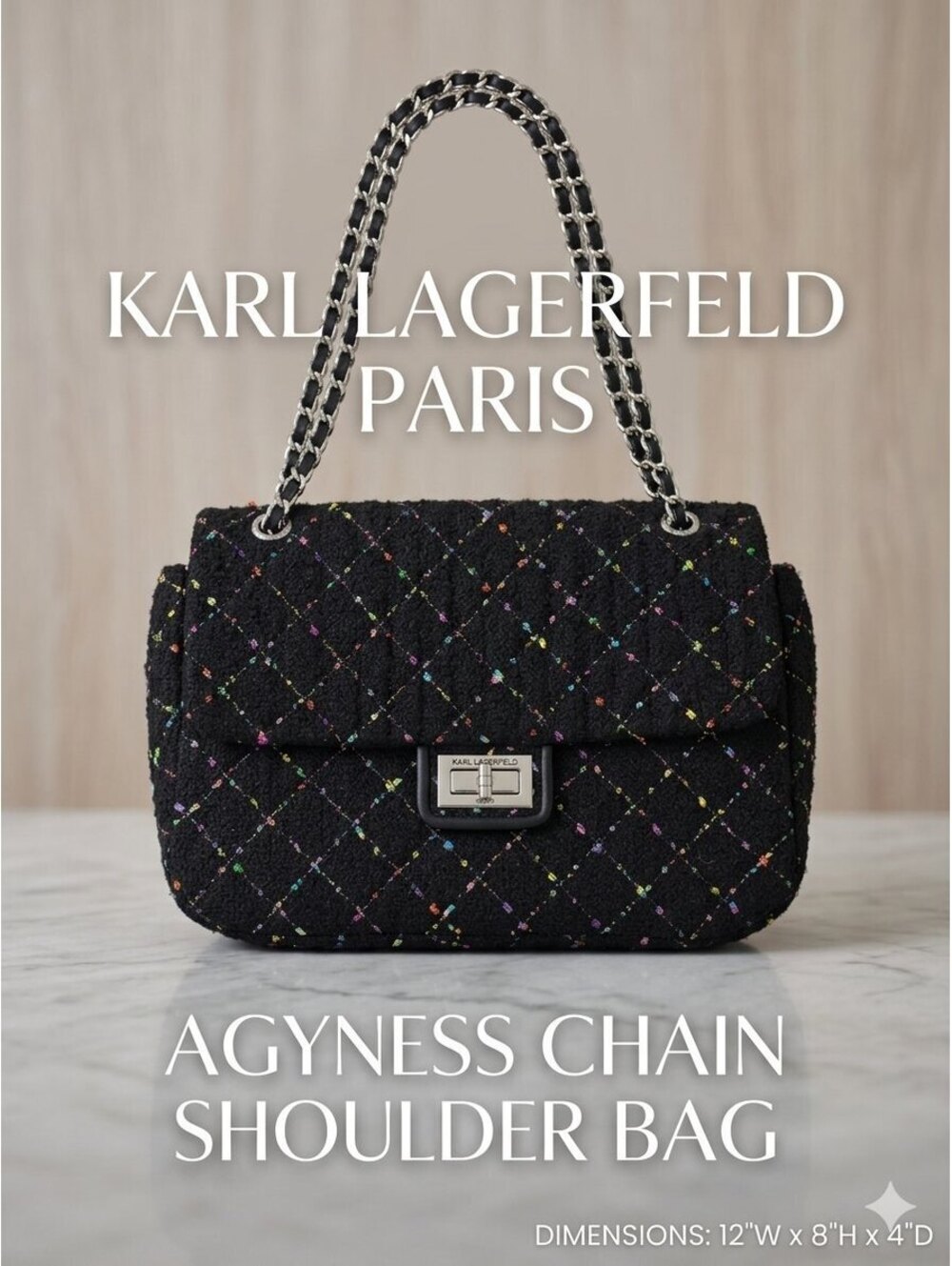Karl Lagerfeld Paris Agyness Black & Multicolored Quilted Tweed Shoulder Bag